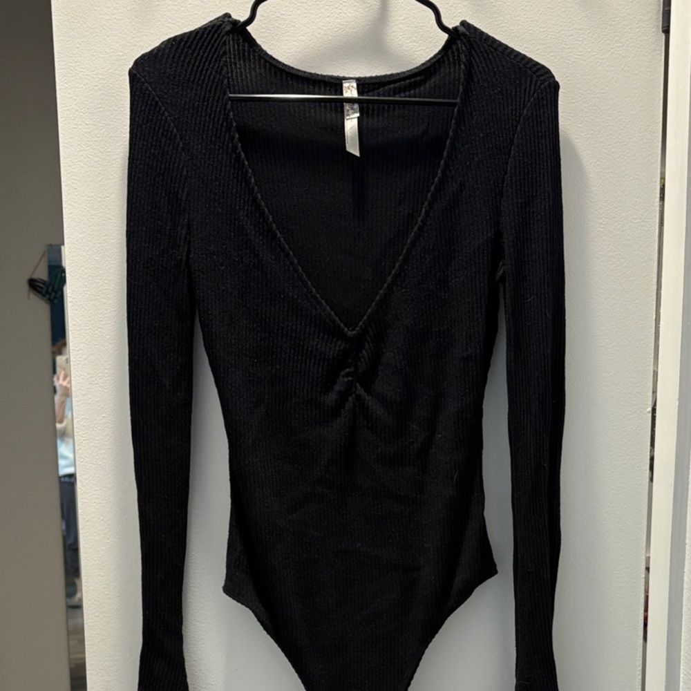 Free People Black Ribbed Long Sleeve Bodysuit NWOT